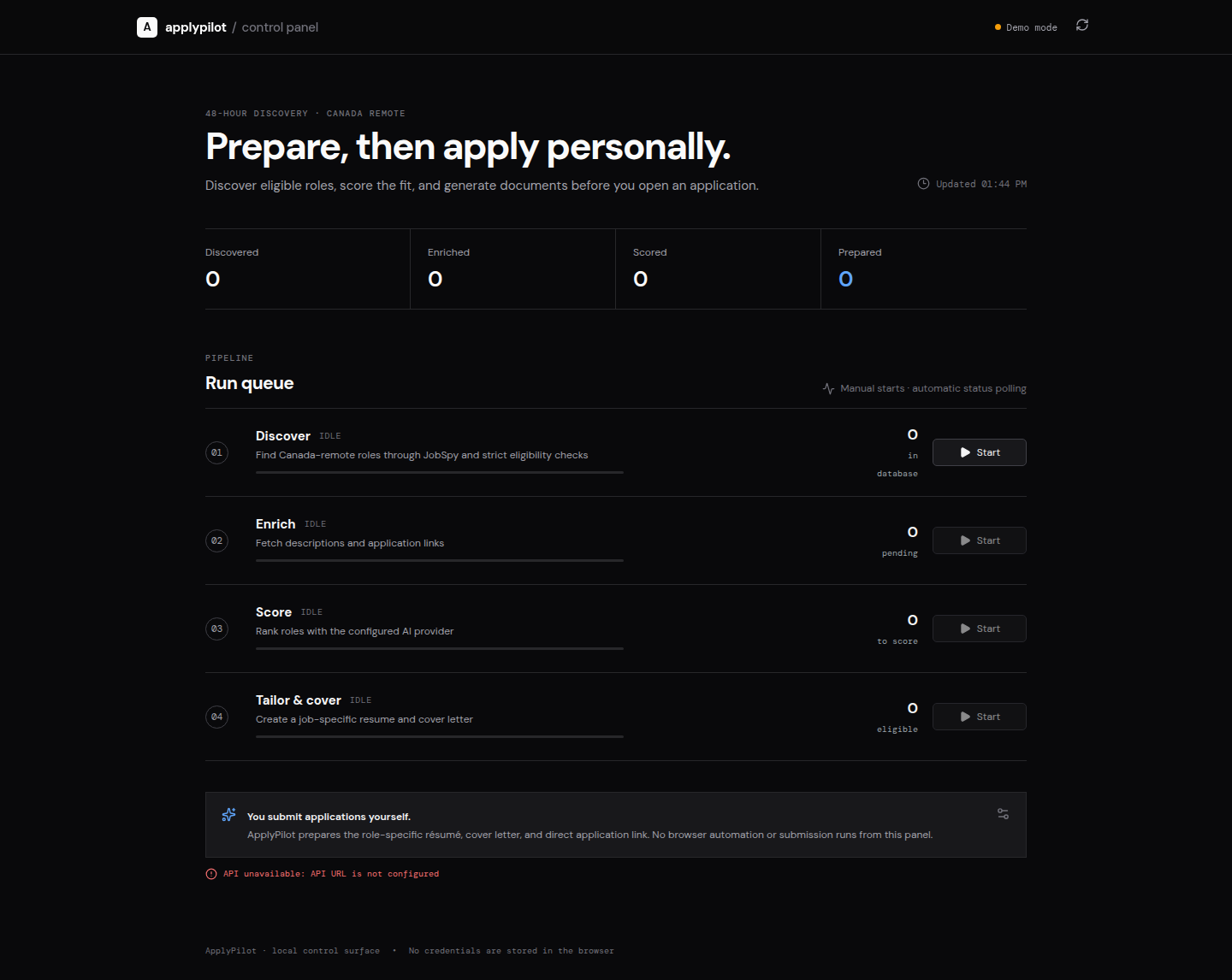 ApplyPilot deployed control panel showing four inspectable preparation stages.